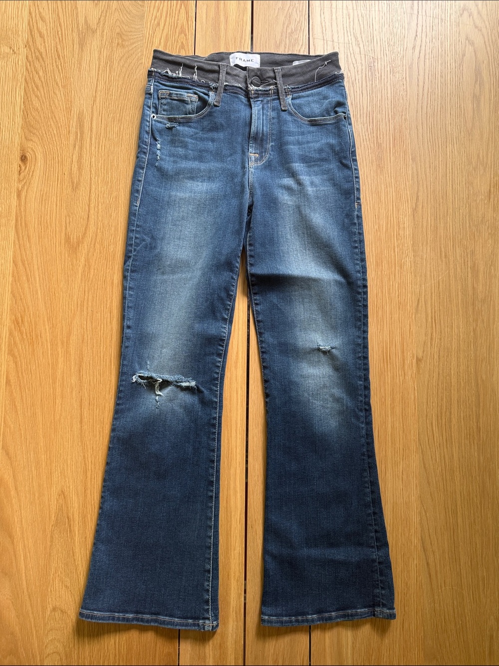Frame Dark Blue Distressed Flare Jeans